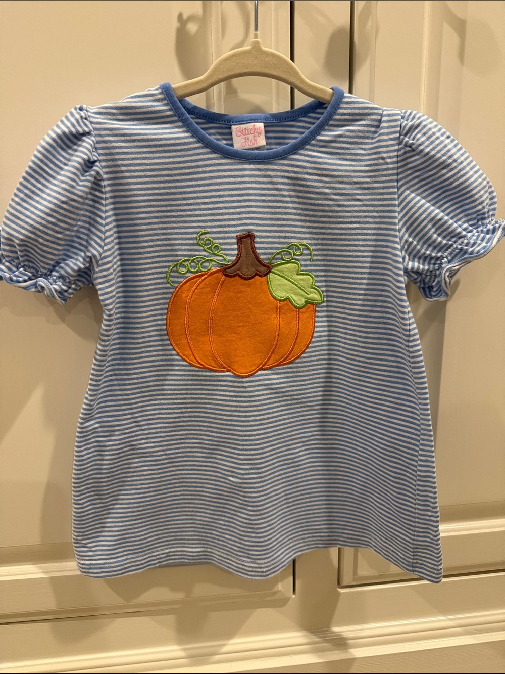 Stitchy Fish Blue Striped Pumpkin Applique Short Sleeve Tee